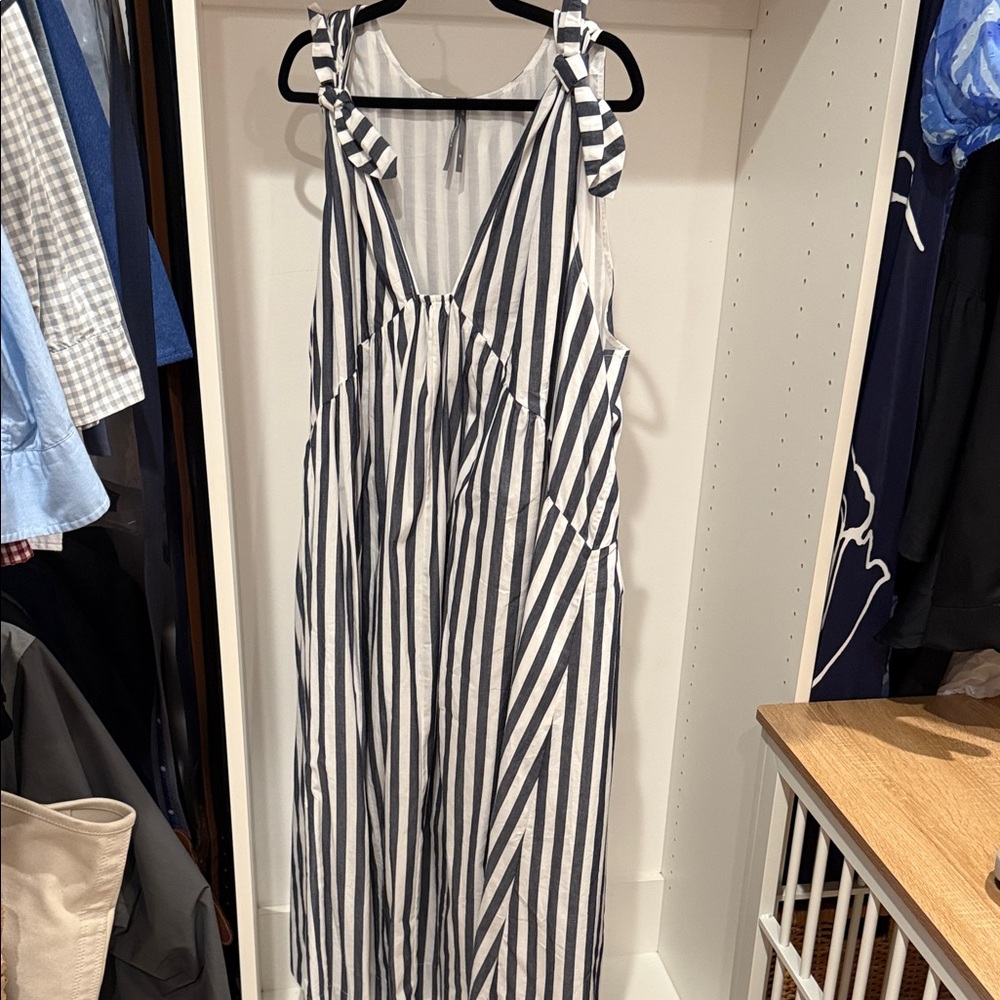 Anthropologie Navy and White stripe Bow Shoulder V-neck maxi dress